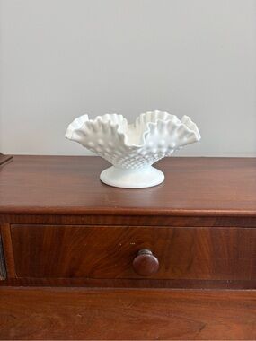 White Hobnail Ruffled Glass Compote - Decorative Centerpiece